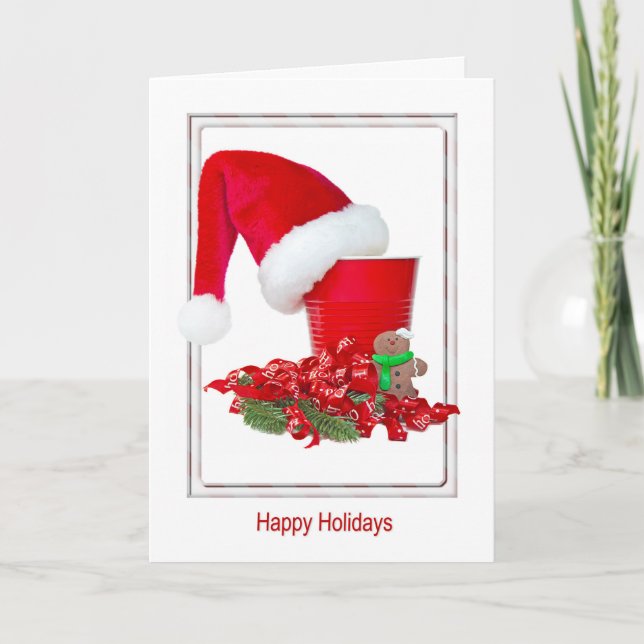 Happy Holidays  Santa cap on red party cup Holiday Card (Front)