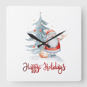 Happy Holidays,Santa Claus Pine Tree Square Wall Clock
