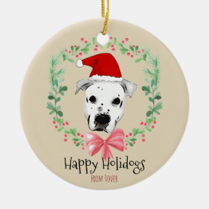 Happy Holidays Santa Dog Cartoon Ceramic Ornament