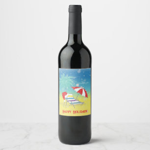HAPPY HOLIDAYS, Santa Hat ,Whimsical Beach Scene Wine Label