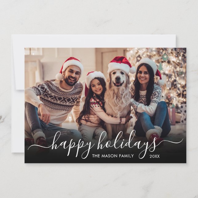 Happy Holidays Script 2 Photo Christmas Holiday Card (Front)