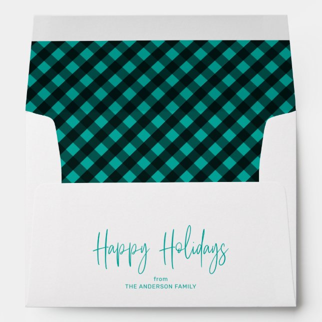 Happy Holidays Script 5x7 Teal Buffalo Plaid Envelope (Back (Bottom))