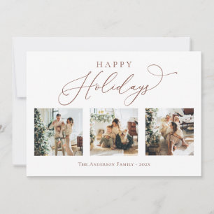 Happy Holidays Script Brown Multi Photo Collage Holiday Card