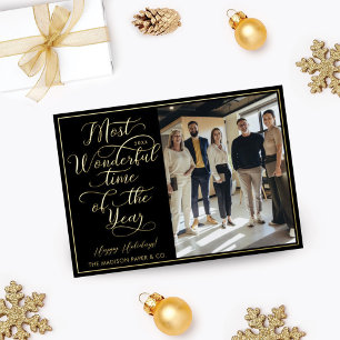 Happy Holidays Script Business Photo & Logo Black Foil Holiday Card