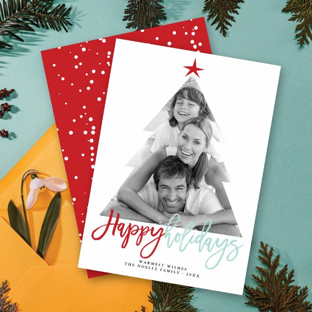 Happy Holidays Script Christmas Tree Cutout Photo Holiday Card (Creator Uploaded)