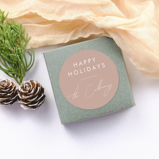 Happy Holidays & Script Family Name Christmas Classic Round Sticker (Round Sticker Mock-up)