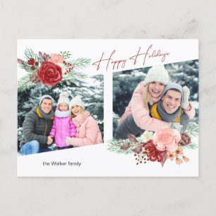 Happy Holidays Script Floral Diagonal 2-Photo Holiday Postcard