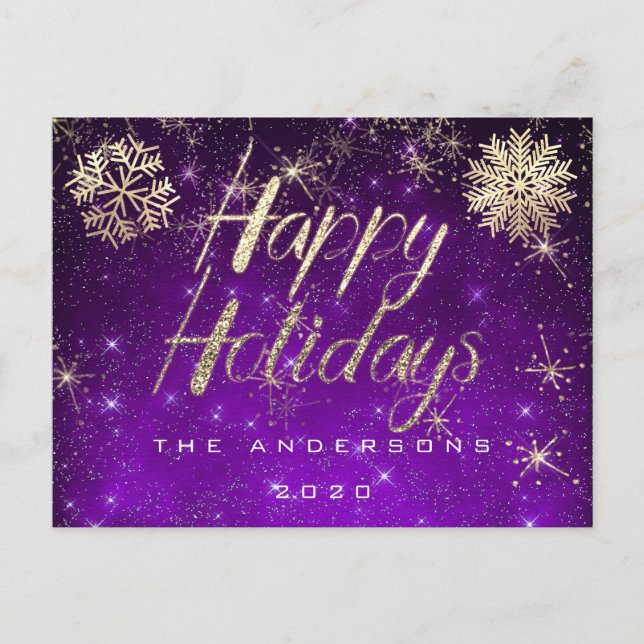 Happy Holidays Script  Gold Snow Purple Spark Name Postcard (Front)