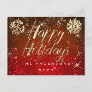 Happy Holidays Script  Gold Snow Red Spark Name Postcard