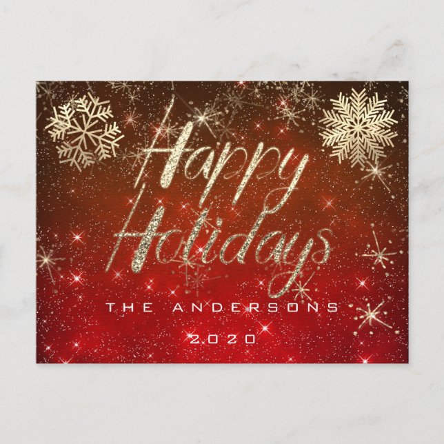 Happy Holidays Script  Gold Snow Red Spark Name Postcard (Front)