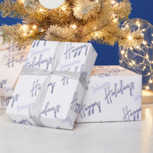 Happy Holidays Script Name Blue White Winter Wrapping Paper