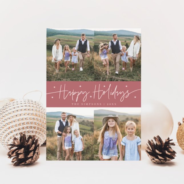 Happy Holidays Script Pink Multi Photo Holiday Card (Creator Uploaded)