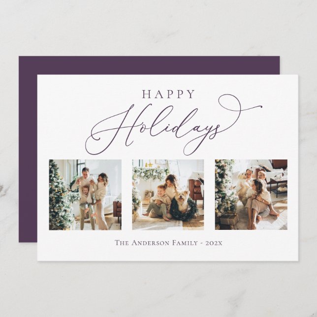 Happy Holidays Script Purple 2 Multi Photo  Holiday Card (Front/Back)