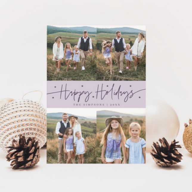 Happy Holidays Script Purple Multi Photo Holiday Card (Creator Uploaded)