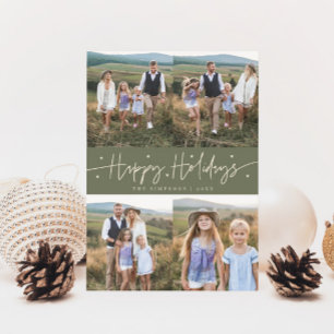 Happy Holidays Script Sage Green Multi Photo Holiday Card