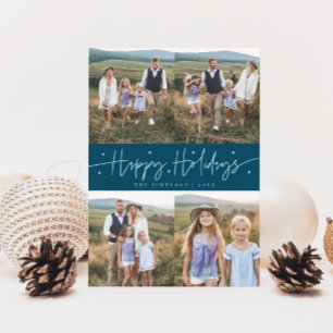 Happy Holidays Script Teal Multi Photo Holiday Card