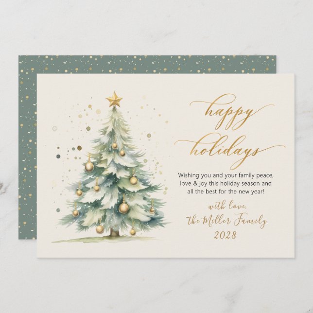 Happy Holidays Script Watercolor Christmas Tree Holiday Card (Front/Back)