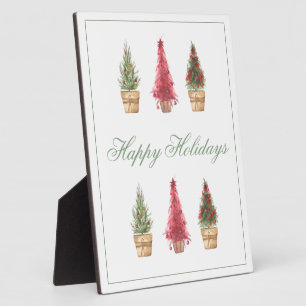 Happy Holidays Script Watercolor Trees Christmas Plaque