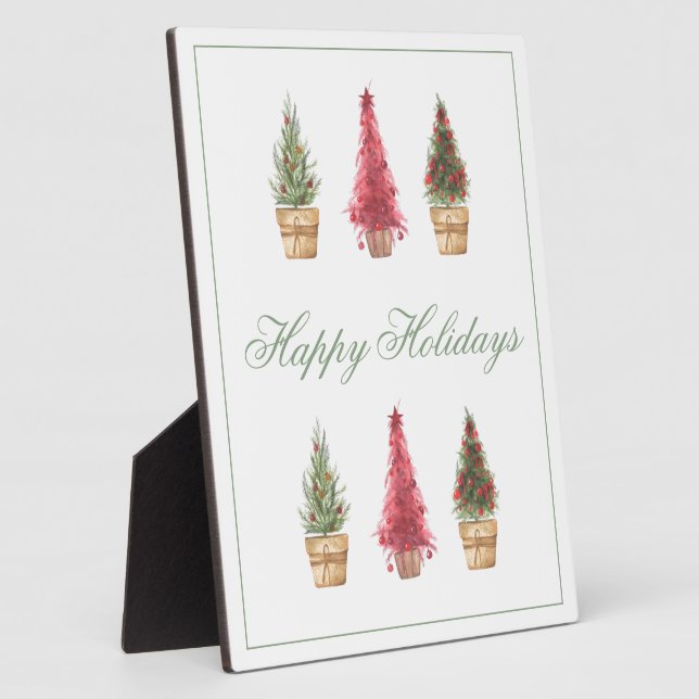 Happy Holidays Script Watercolor Trees Christmas Plaque (Side)