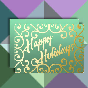 Happy Holidays Scrolly Frame Mint Green Foil Holiday Card