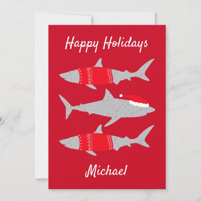 Happy Holidays Sharks in Santa Outfits Funny Holiday Card (Front)