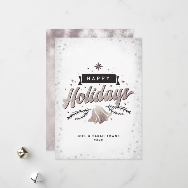 Happy Holidays Silver Bells Snowflakes Custom Name Holiday Card (Front/Back In Situ)
