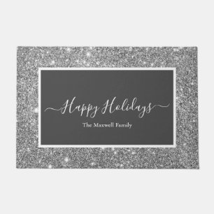 Happy Holidays silver glitter gray family name Doormat