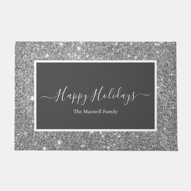 Happy Holidays silver glitter grey family name  Doormat (Front)