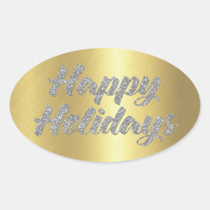 Happy Holidays Silver Glitter on Gold Oval Sticker