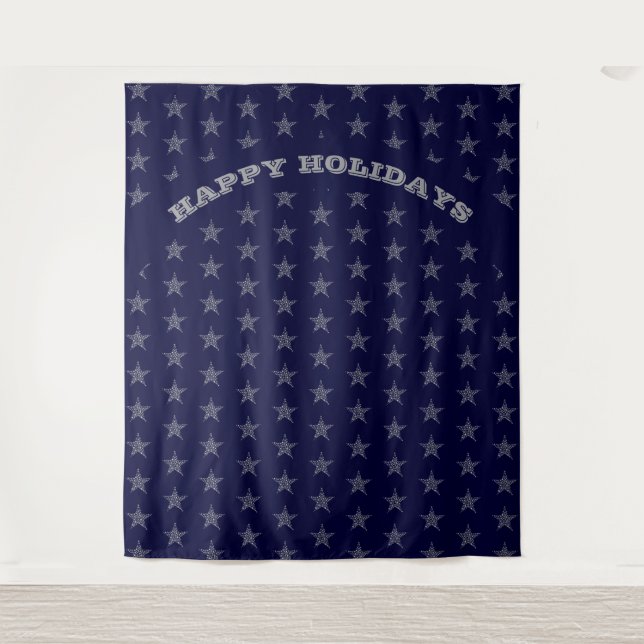 HAPPY HOLIDAYS | Silver Stars | BLUE Backdrop Tapestry (Front)
