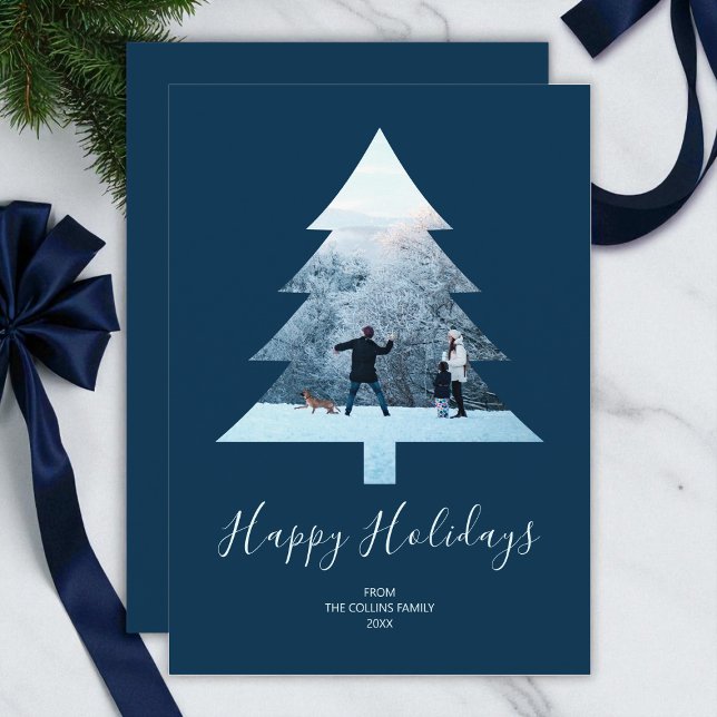 Happy Holidays Simple Blue Christmas Tree Photo Holiday Card (Happy Holidays Simple Blue Christmas Tree Photo Holiday Card)