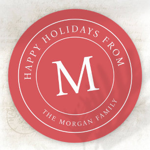 Happy Holidays Simple Chic Family Monogram Classic Round Sticker
