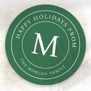 Happy Holidays Simple Chic Family Monogram Classic Round Sticker
