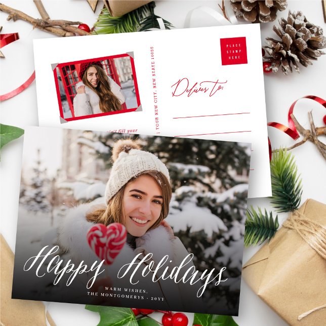 Happy Holidays Simple Script Modern Classic Photo Holiday Postcard (Creator Uploaded)