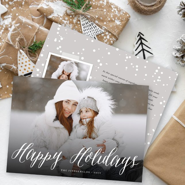 Happy Holidays Simple White Script Modern Photo Holiday Card (Creator Uploaded)