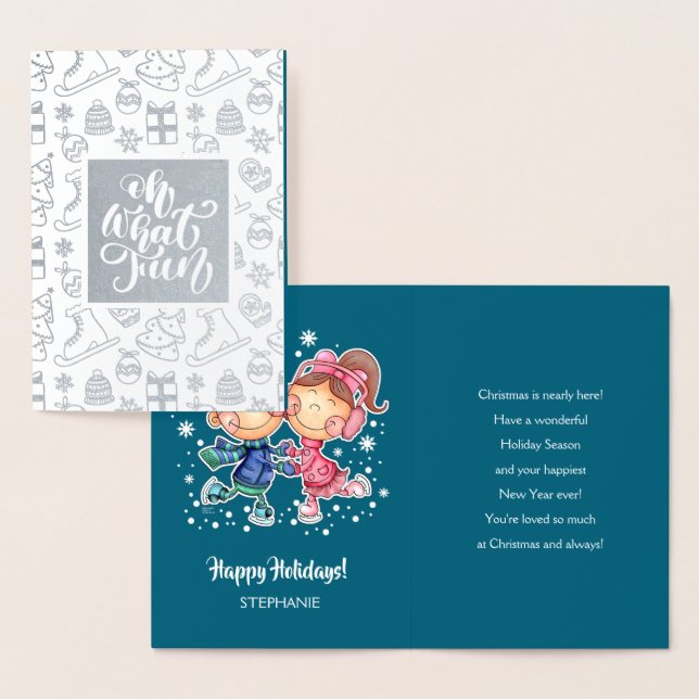 Happy Holidays. Skating Kids | Custom Name Luxury Foil Card (Display)