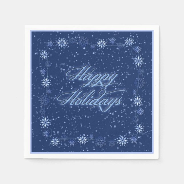 Happy Holidays Snow Blue Christmas Napkins (Front)