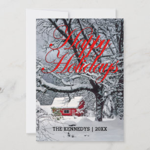 Happy Holidays - Snow covered landscape, red barn Holiday Card