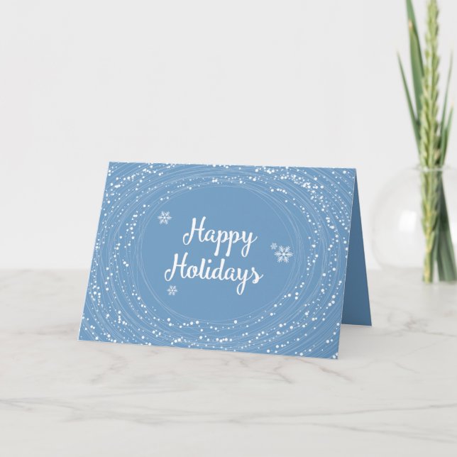 Happy Holidays Snow Dots, Blue and White, Elegant Holiday Card (Front)