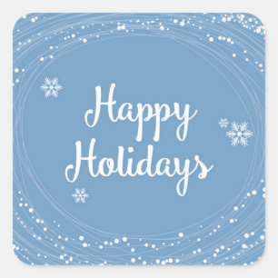 Happy Holidays Snow Dots, Blue and White, Elegant Square Sticker