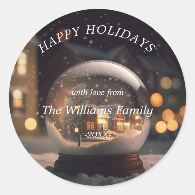 "Happy Holidays!" Snow Globe Christmas Classic Round Sticker (Front)