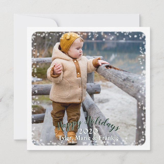 Happy Holidays Snow Snowflakes Photo Square Holiday Card (Front)