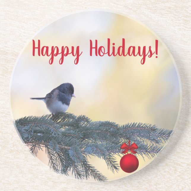 "Happy Holidays!" Snowbird in an Evergreen on a Coaster (Front)