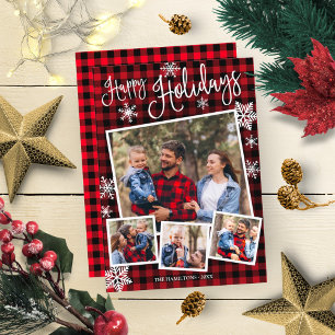 Happy Holidays Snowflake 4 Photos Collage Rustic Invitation