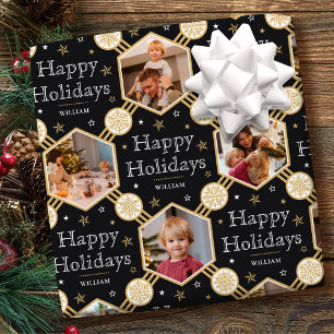 Happy Holidays Snowflake Photo Black White Gold Wrapping Paper