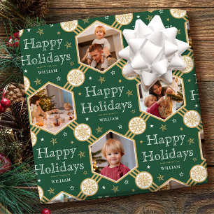 Happy Holidays Snowflake Photo Green Gold Wrapping Paper