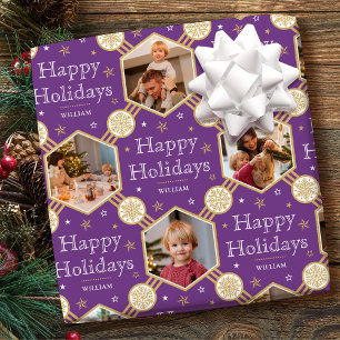 Happy Holidays Snowflake Photo Purple Gold Wrapping Paper