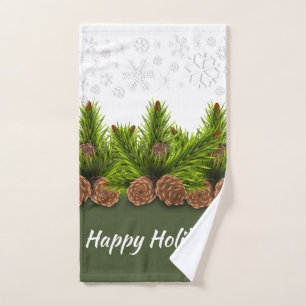 Happy Holidays Snowflakes and Pinecones Hand Towel