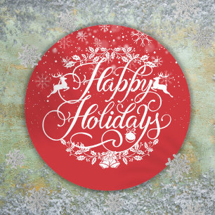 Happy Holidays Snowflakes Red Christmas Classic Round Sticker