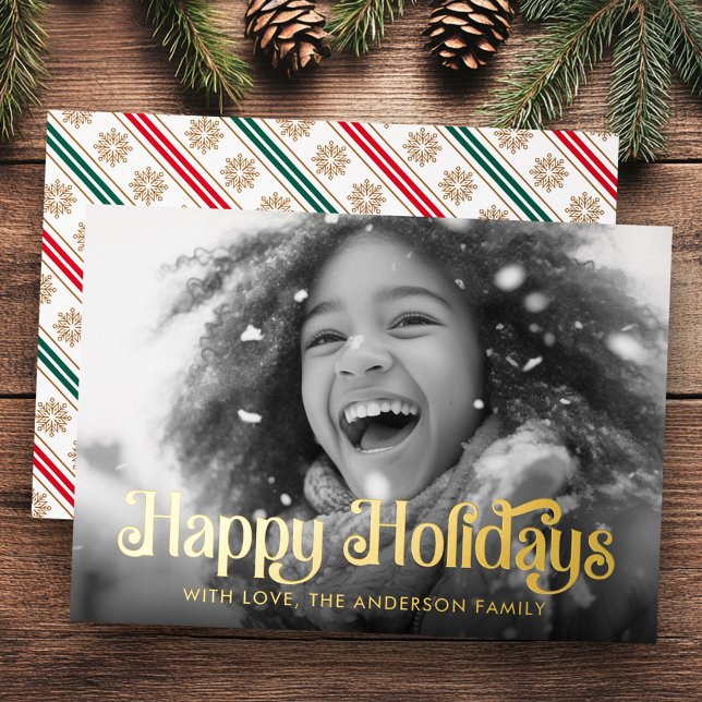 Happy Holidays snowflakes red green stripes photo Foil Holiday Card (Happy Holidays snowflakes red green stripes photo Foil Holiday Card)